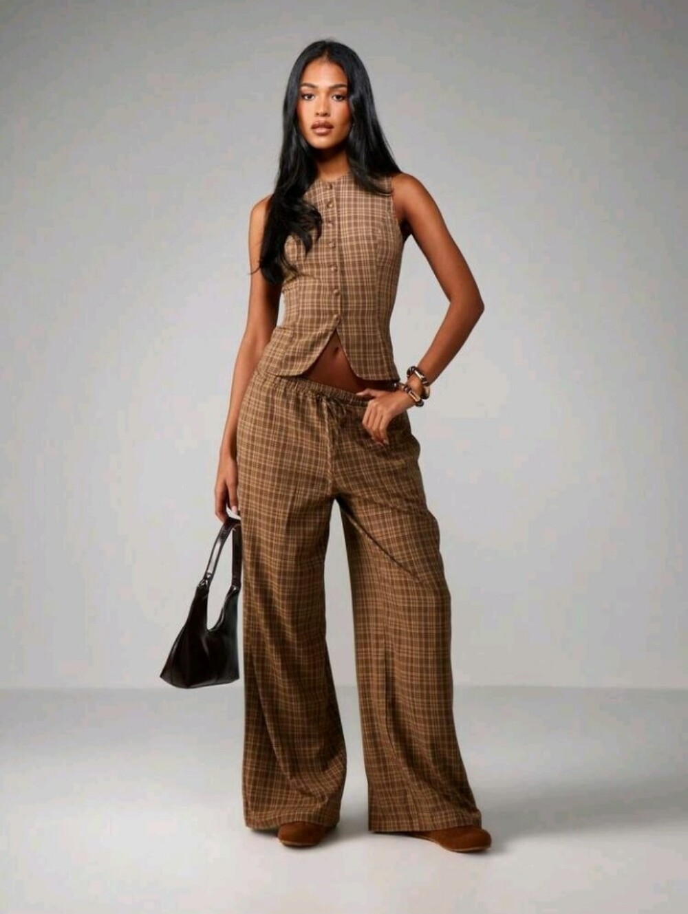 Two Piece Coordinated Set Button Front Vest With Wide Leg Palazzo
